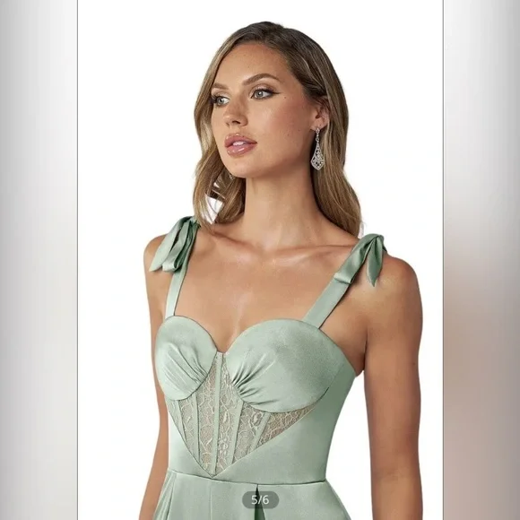 Azazie Raquel Green Lace Corset Satin Dressy Jumpsuit Like New Size 4 - Picture 3 of 11